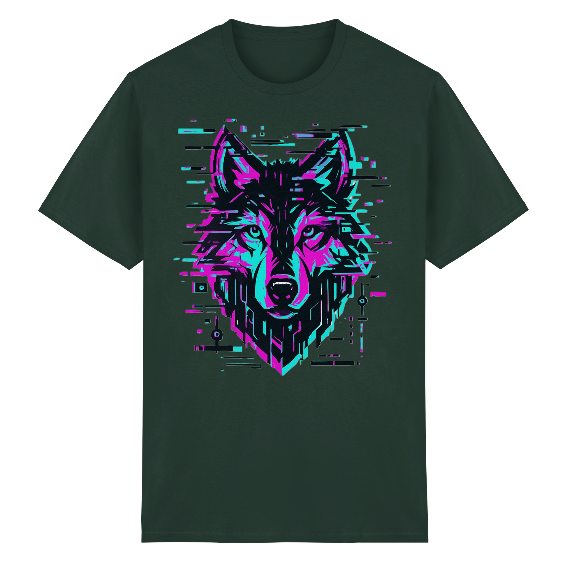 Tricou Heavy Cotton Gildan 5000 forest green cu design lup hibrid geometric neon, vedere frontală pe fundal alb