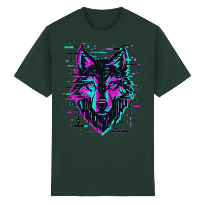 Tricou Heavy Cotton Gildan 5000 forest green cu design lup hibrid geometric neon, vedere frontală pe fundal alb