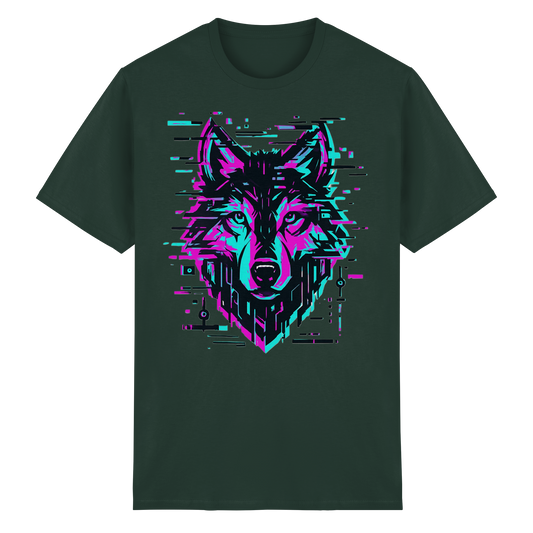 Tricou Heavy Cotton Gildan 5000 forest green cu design lup hibrid geometric neon, vedere frontală pe fundal alb