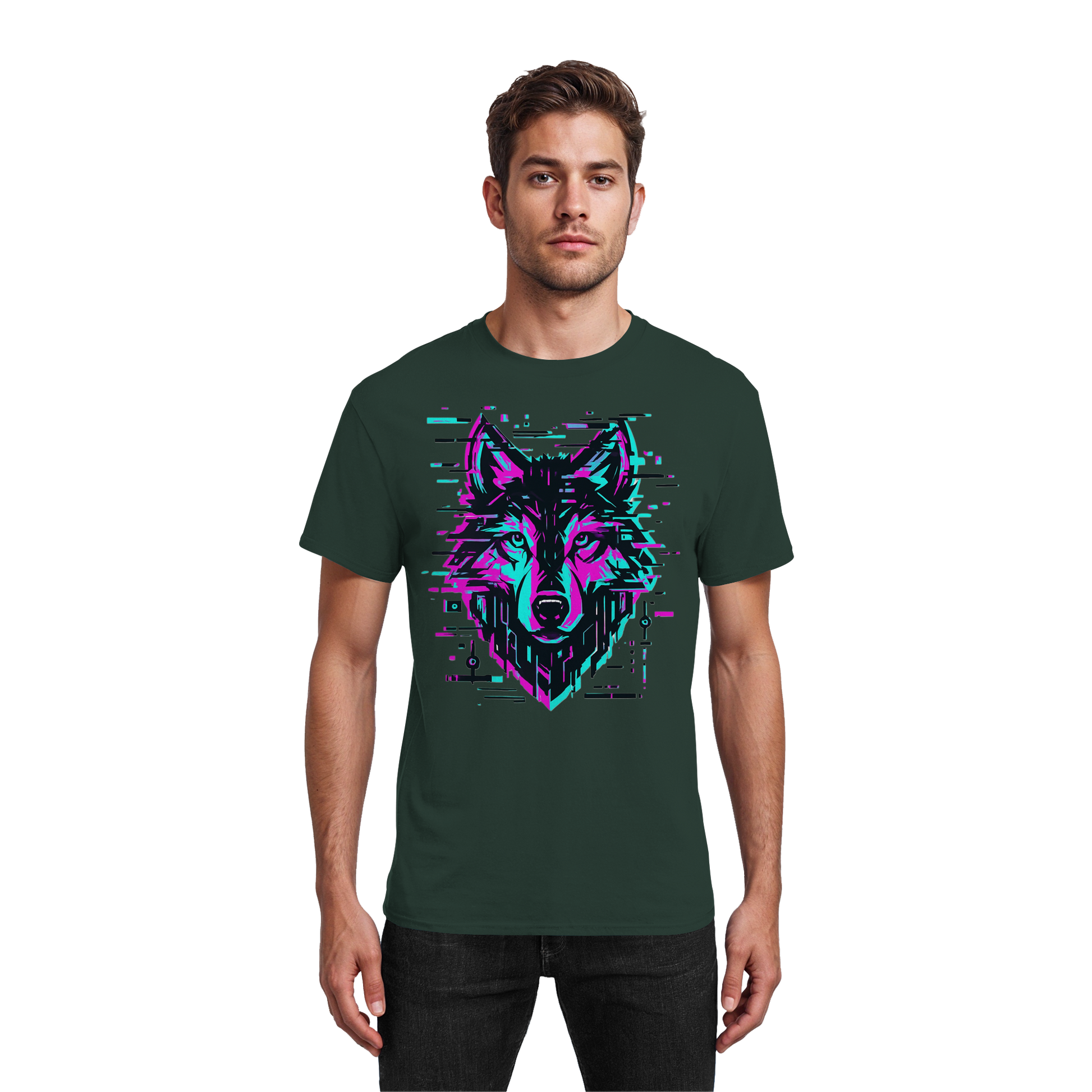 Tricou Heavy Cotton Gildan 5000 forest green cu design lup hibrid geometric neon, purtat de model