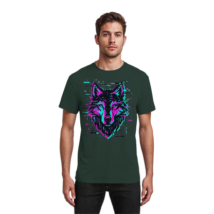 Tricou Heavy Cotton Gildan 5000 forest green cu design lup hibrid geometric neon, purtat de model