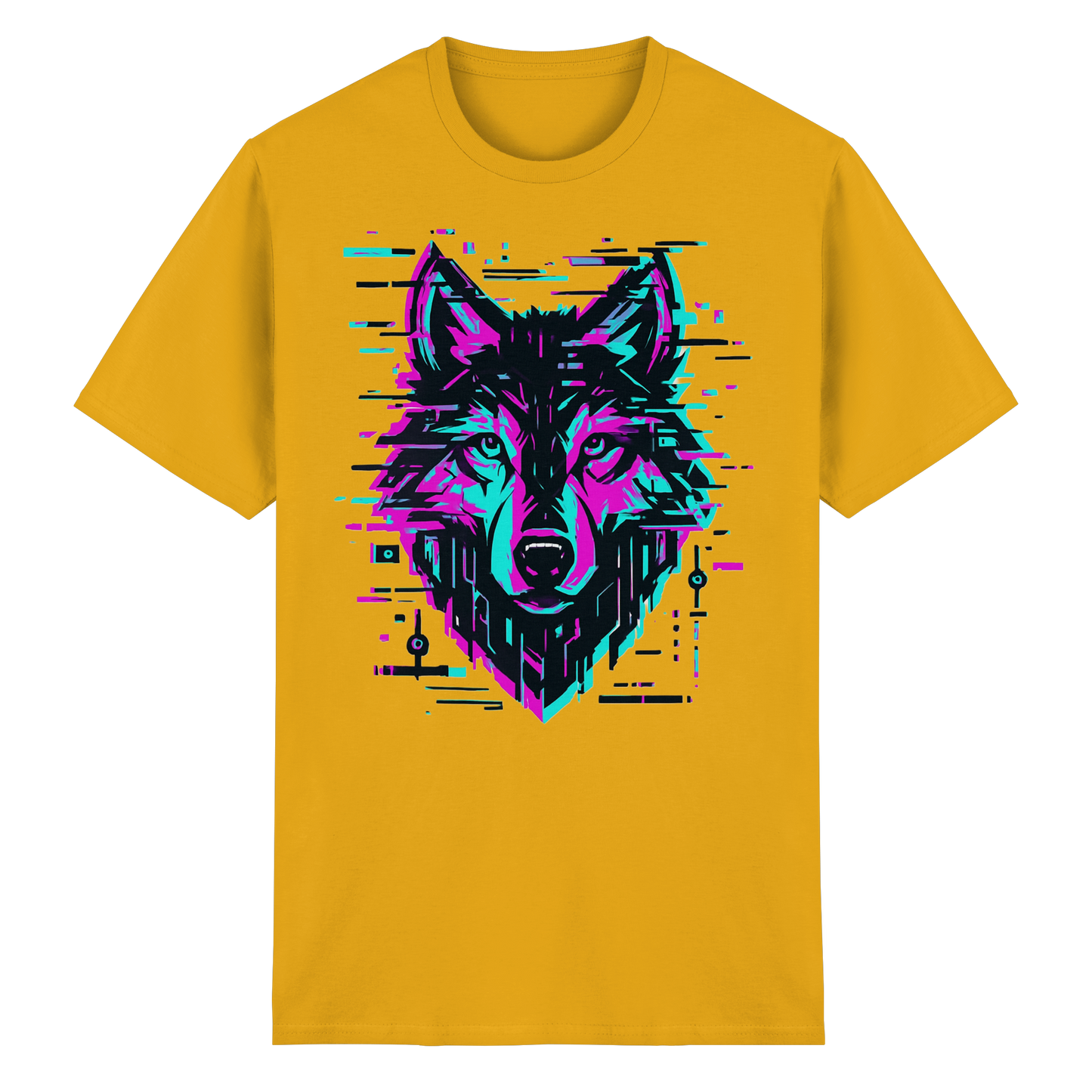 Tricou Heavy Cotton Gildan 5000 gold cu design lup hibrid geometric neon, vedere frontală pe fundal alb