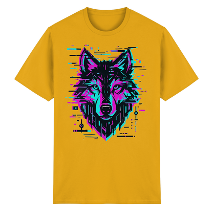 Tricou Heavy Cotton Gildan 5000 gold cu design lup hibrid geometric neon, vedere frontală pe fundal alb