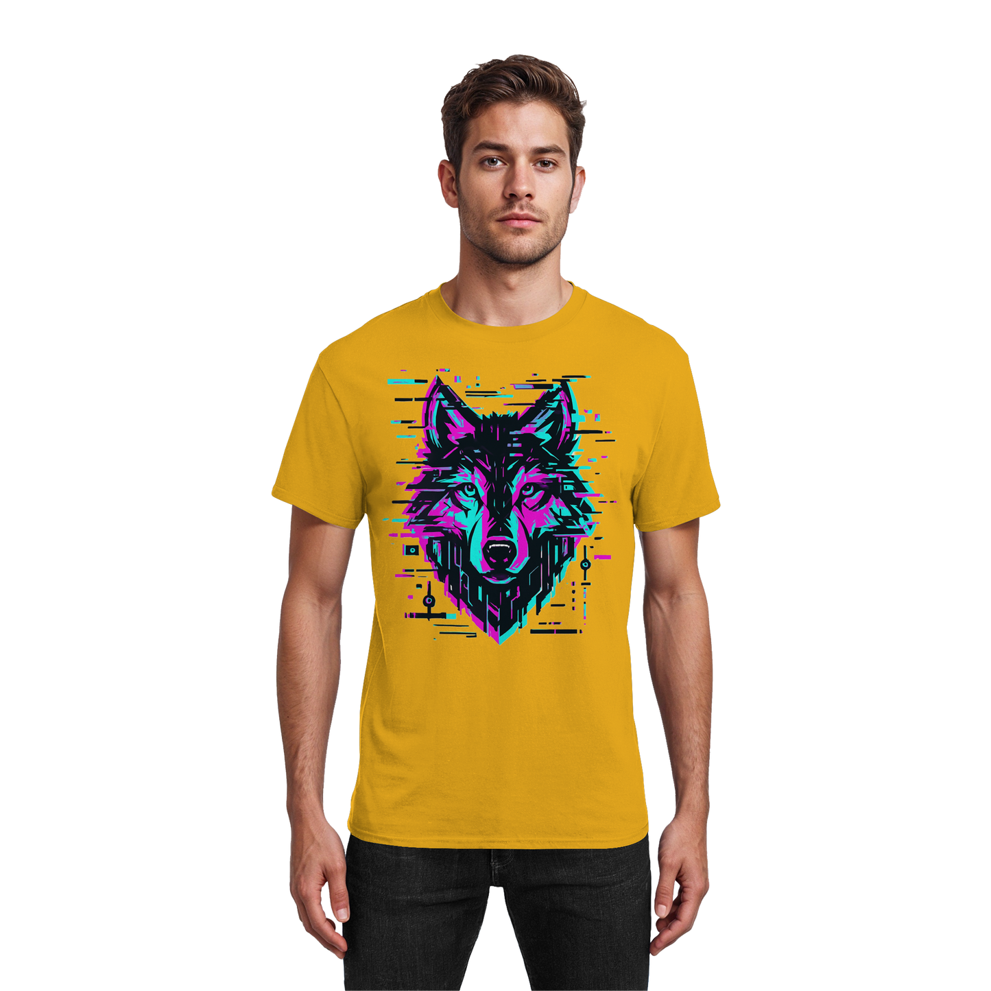 Tricou Heavy Cotton Gildan 5000 gold cu design lup hibrid geometric neon, purtat de model