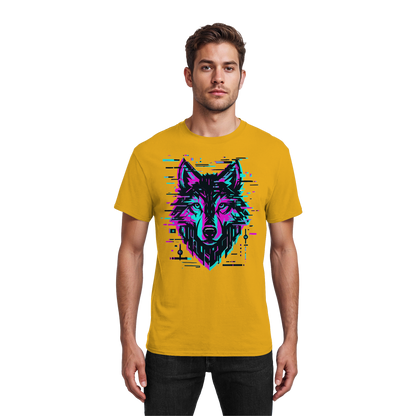 Tricou Heavy Cotton Gildan 5000 gold cu design lup hibrid geometric neon, purtat de model