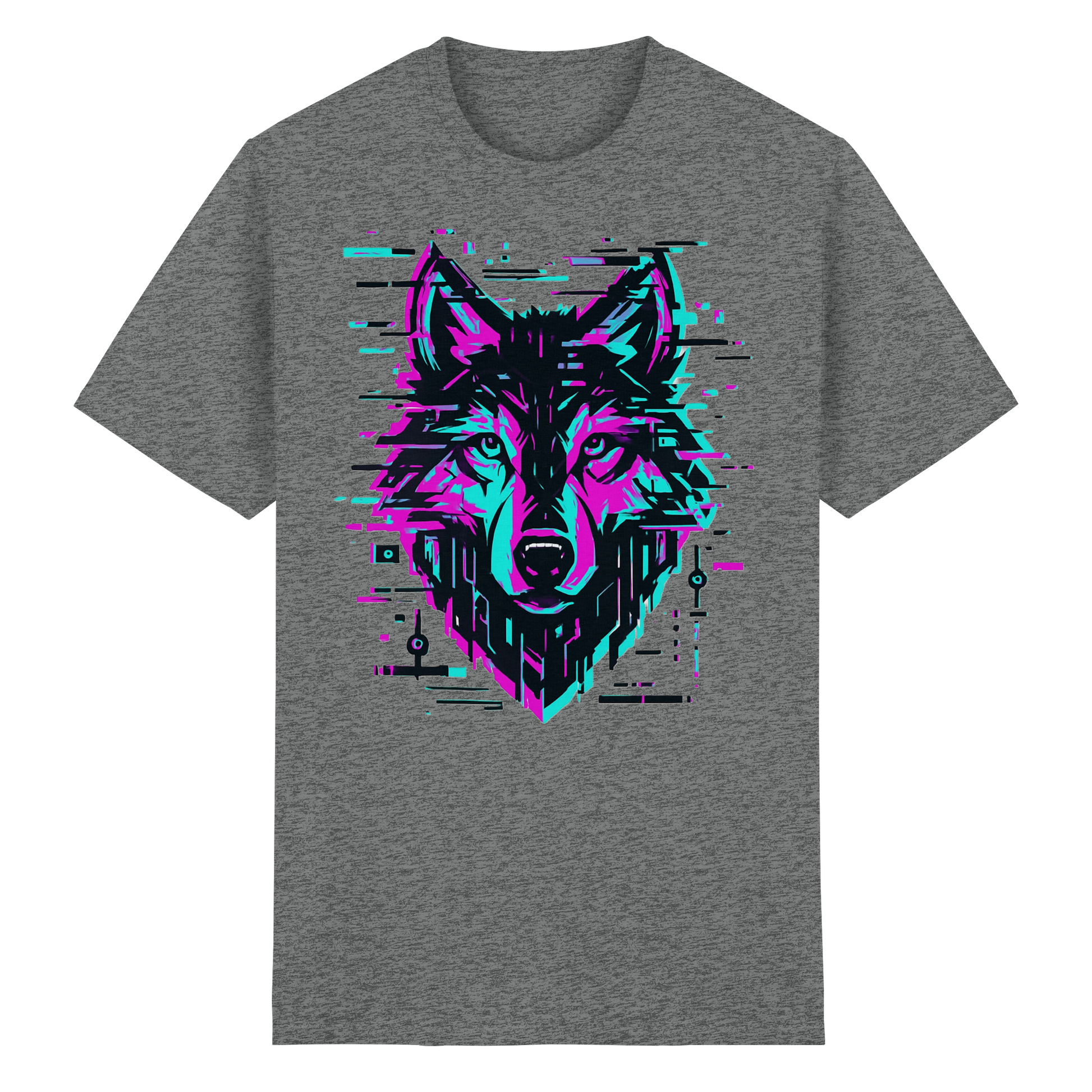 Tricou Heavy Cotton Gildan 5000 graphite heather cu design lup hibrid geometric neon, vedere frontală pe fundal alb