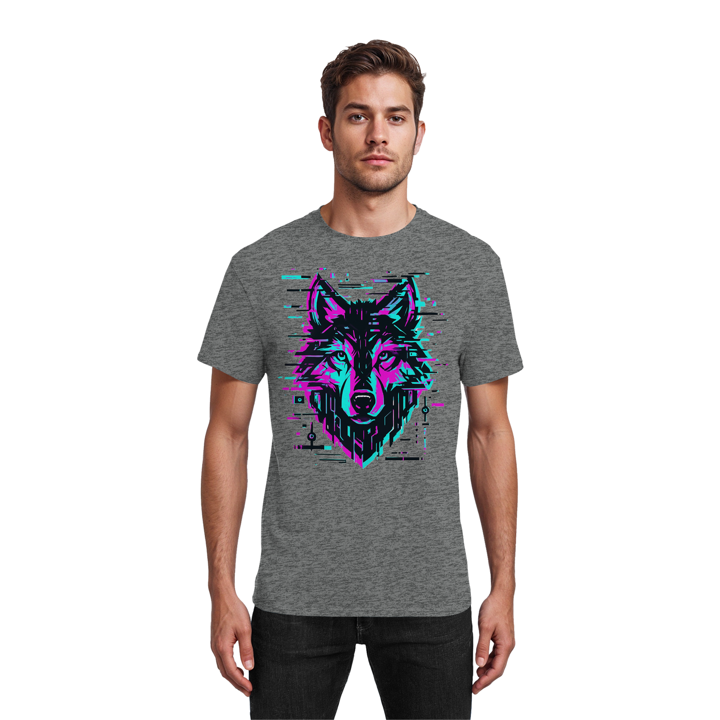 Tricou Heavy Cotton Gildan 5000 graphite heather cu design lup hibrid geometric neon, purtat de model