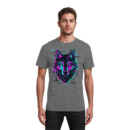 Tricou Heavy Cotton Gildan 5000 graphite heather cu design lup hibrid geometric neon, purtat de model
