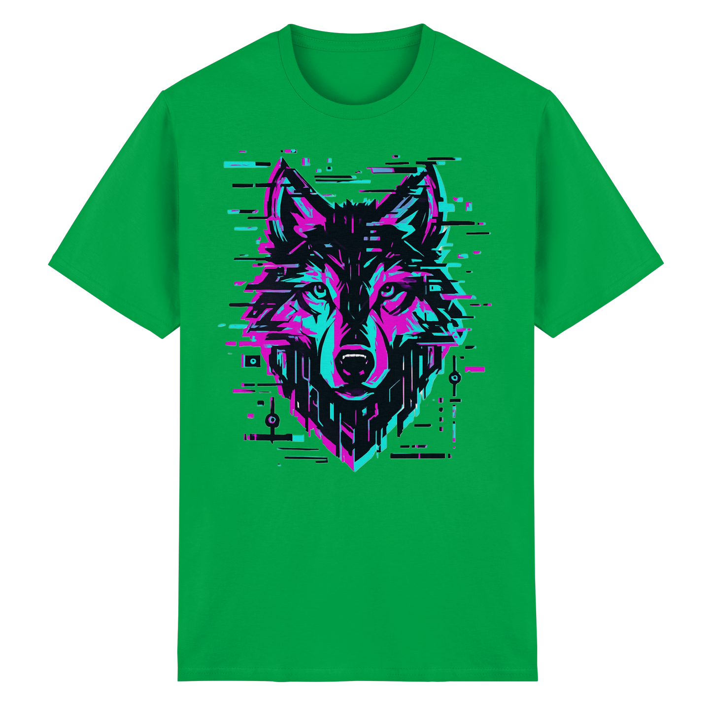 Tricou Heavy Cotton Gildan 5000 irish green cu design lup hibrid geometric neon, vedere frontală pe fundal alb