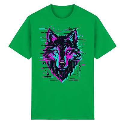 Tricou Heavy Cotton Gildan 5000 irish green cu design lup hibrid geometric neon, vedere frontală pe fundal alb