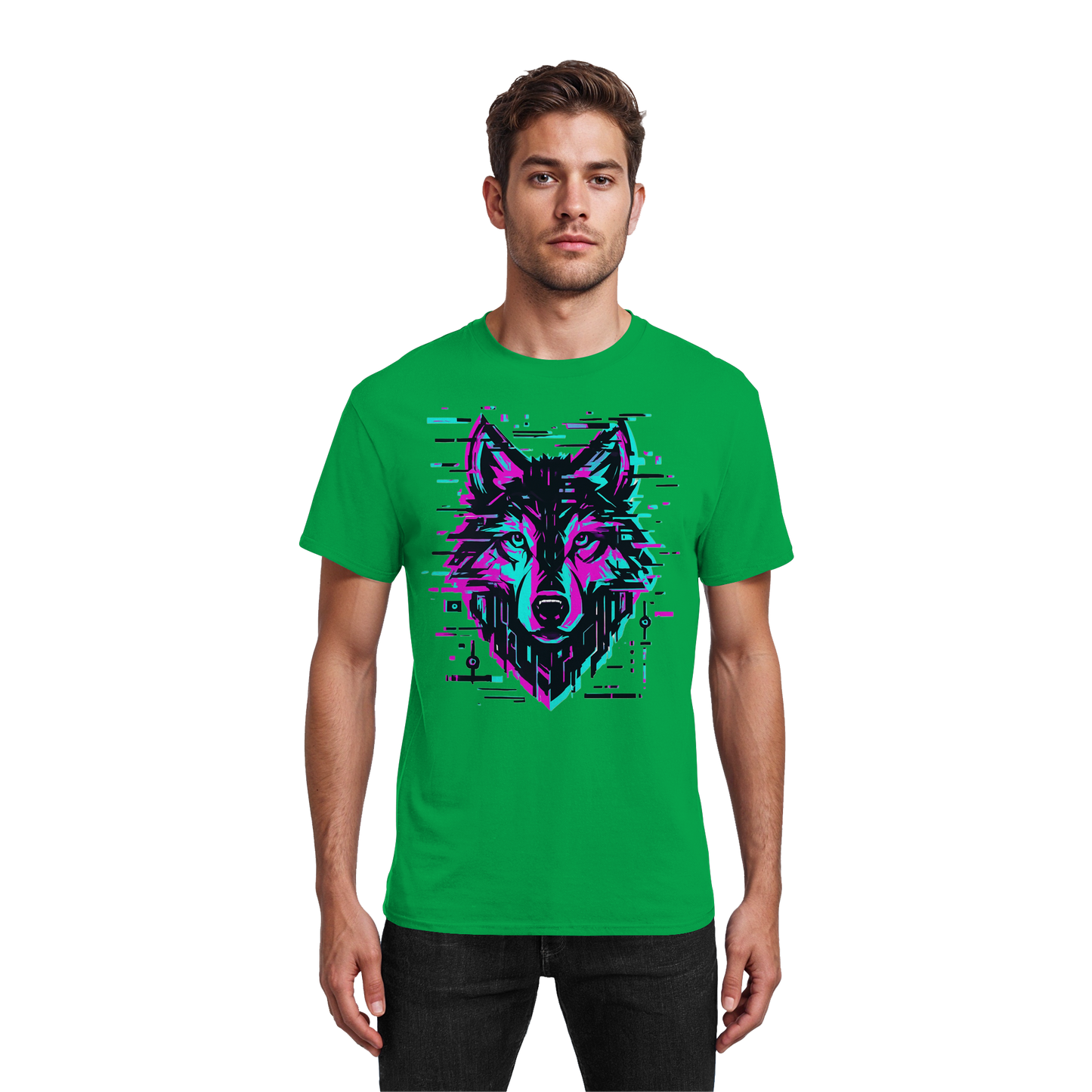 Tricou Heavy Cotton Gildan 5000 irish green cu design lup hibrid geometric neon, purtat de model