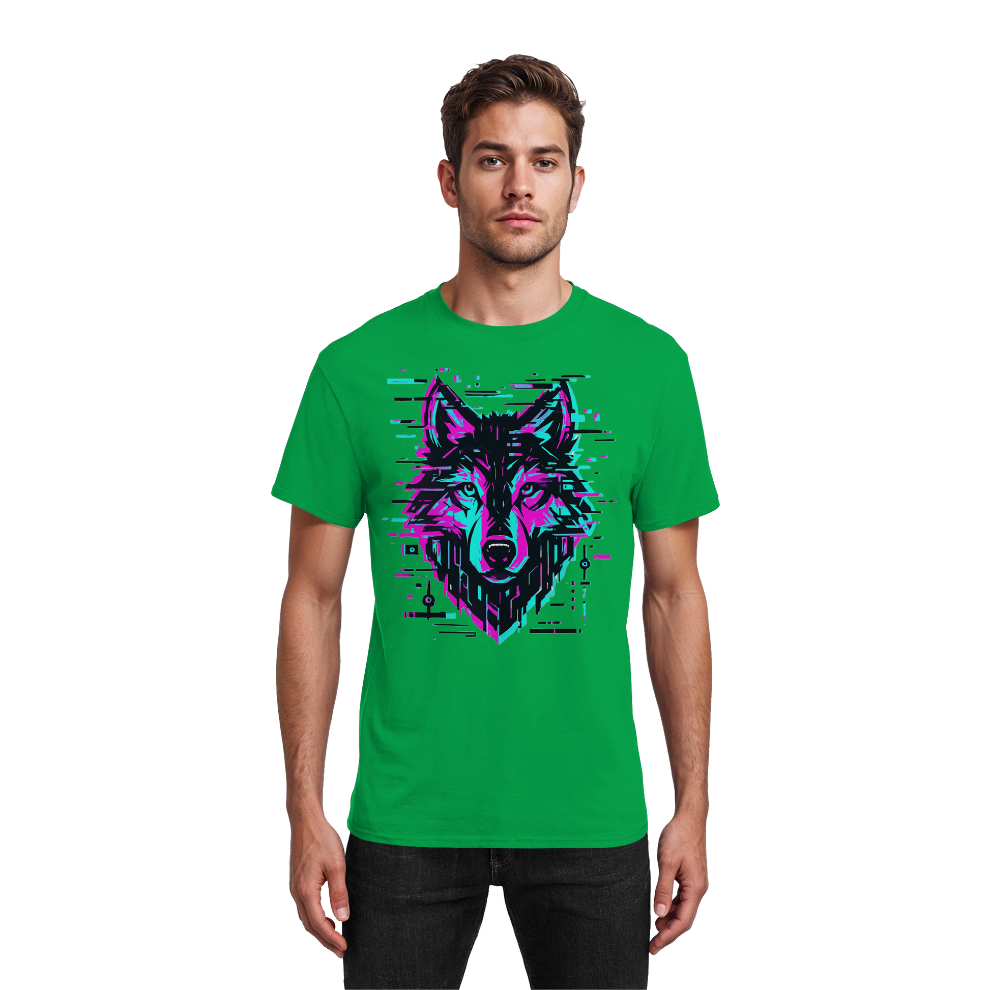 Tricou Heavy Cotton Gildan 5000 irish green cu design lup hibrid geometric neon, purtat de model