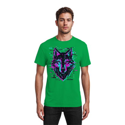 Tricou Heavy Cotton Gildan 5000 irish green cu design lup hibrid geometric neon, purtat de model