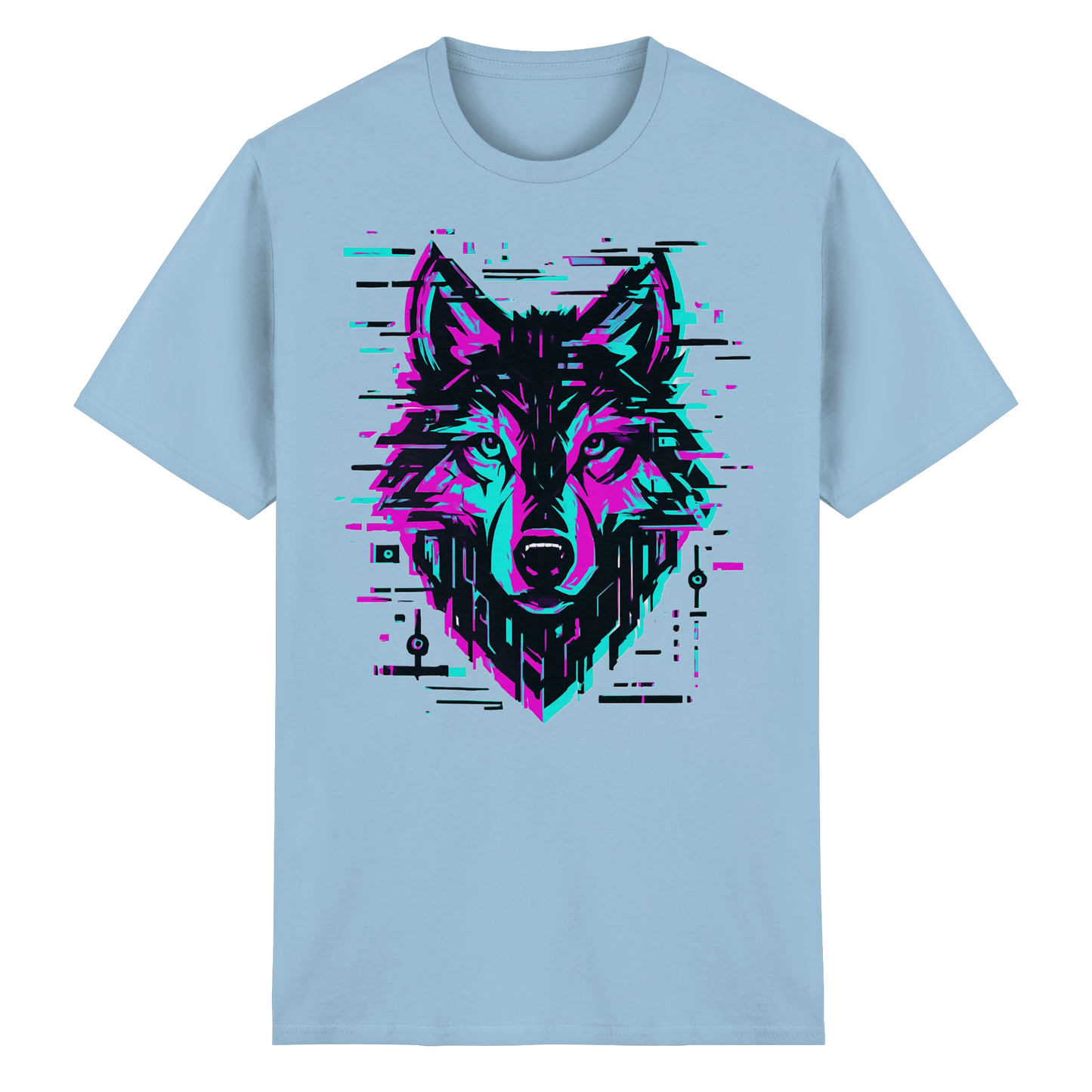 Tricou Heavy Cotton Gildan 5000 light blue cu design lup hibrid geometric neon, vedere frontală pe fundal alb