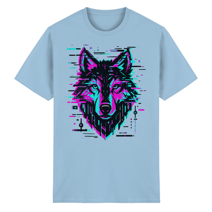 Tricou Heavy Cotton Gildan 5000 light blue cu design lup hibrid geometric neon, vedere frontală pe fundal alb
