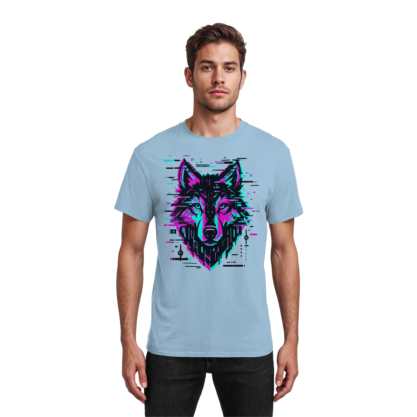 Tricou Heavy Cotton Gildan 5000 light blue cu design lup hibrid geometric neon, purtat de model