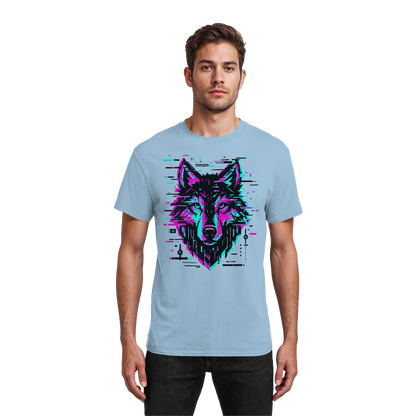 Tricou Heavy Cotton Gildan 5000 light blue cu design lup hibrid geometric neon, purtat de model