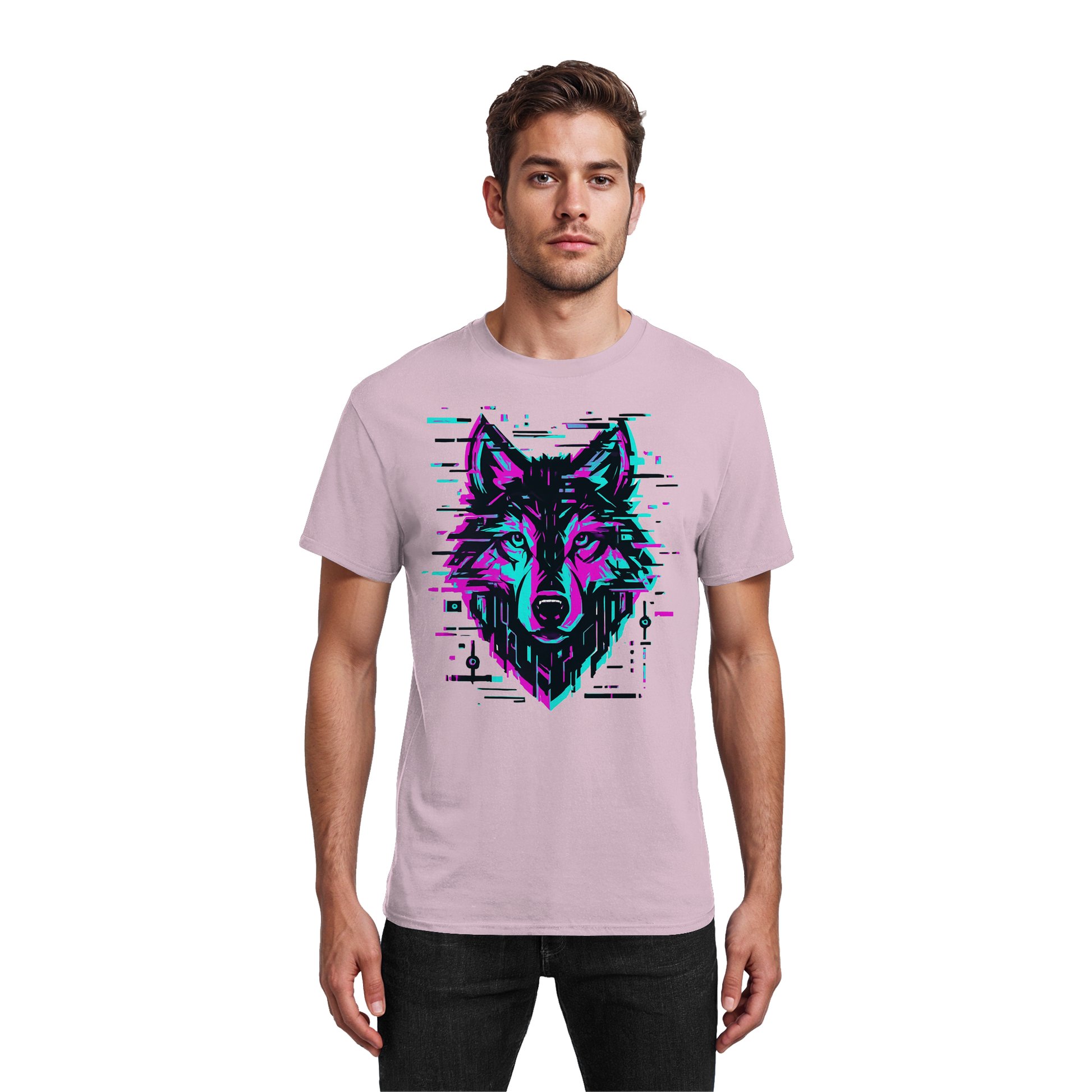 Tricou Heavy Cotton Gildan 5000 light pink cu design lup hibrid geometric neon, purtat de model