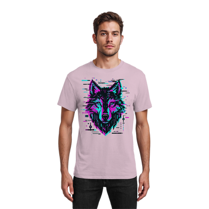 Tricou Heavy Cotton Gildan 5000 light pink cu design lup hibrid geometric neon, purtat de model