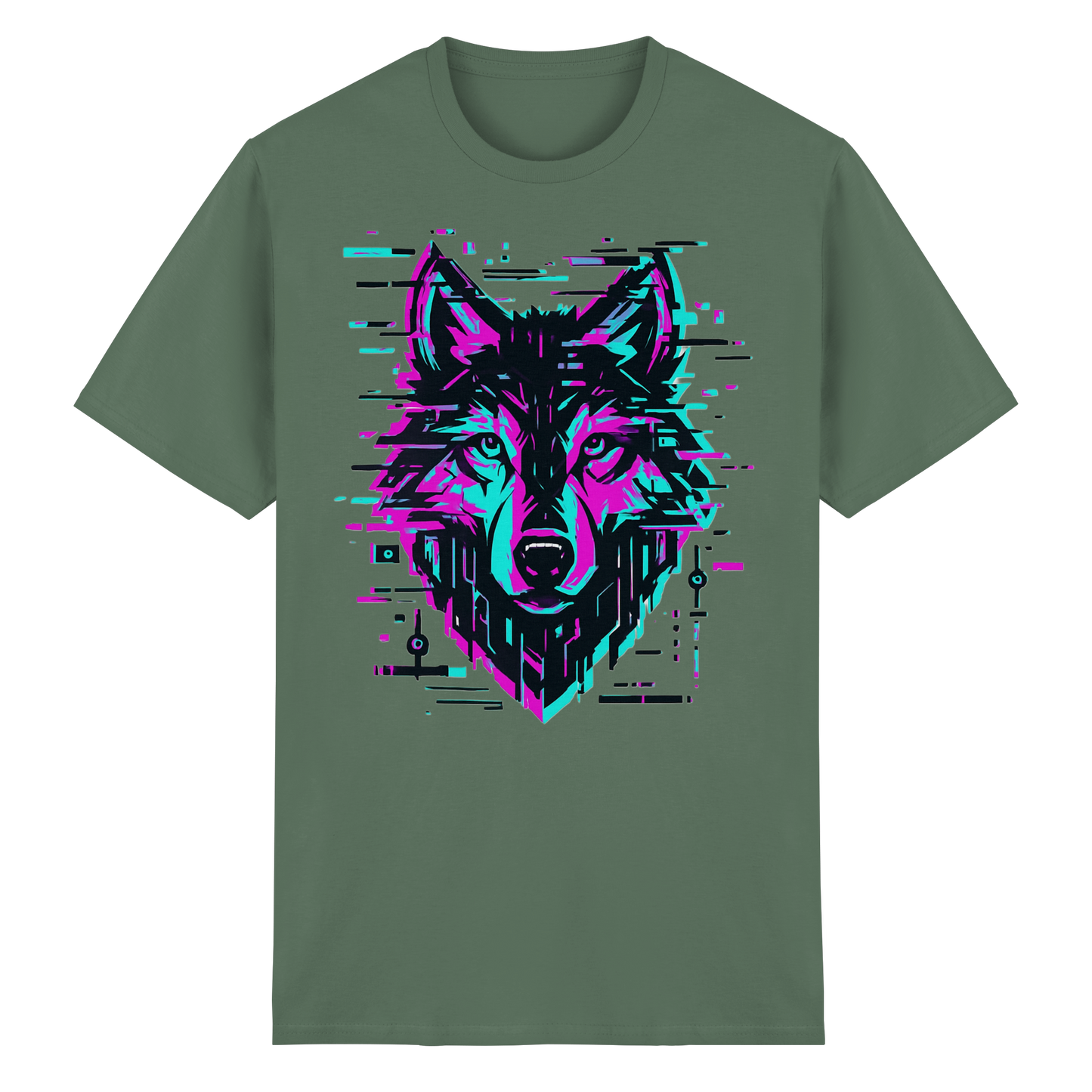 Tricou Heavy Cotton Gildan 5000 military green cu design lup hibrid geometric neon, vedere frontală pe fundal alb