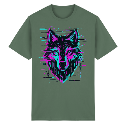 Tricou Heavy Cotton Gildan 5000 military green cu design lup hibrid geometric neon, vedere frontală pe fundal alb