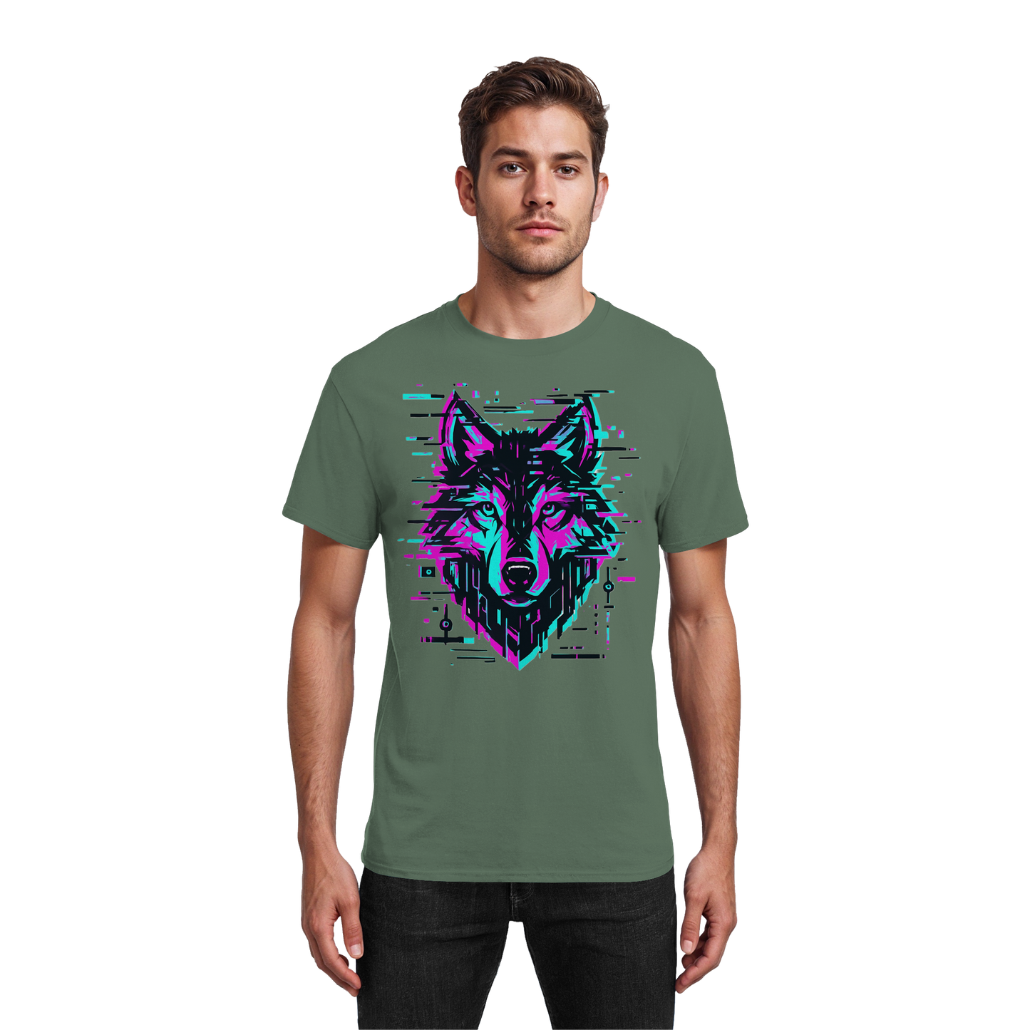 Tricou Heavy Cotton Gildan 5000 military green cu design lup hibrid geometric neon, purtat de model