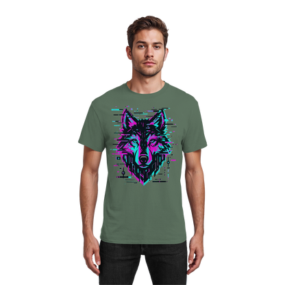 Tricou Heavy Cotton Gildan 5000 military green cu design lup hibrid geometric neon, purtat de model