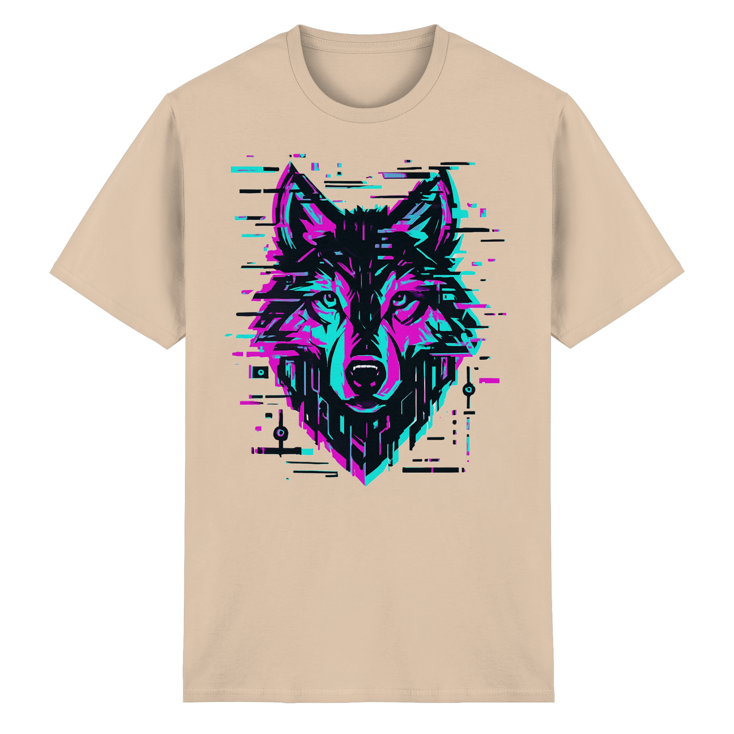 Tricou Heavy Cotton Gildan 5000 natural cu design lup hibrid geometric neon, vedere frontală pe fundal alb