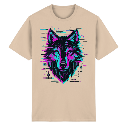 Tricou Heavy Cotton Gildan 5000 natural cu design lup hibrid geometric neon, vedere frontală pe fundal alb