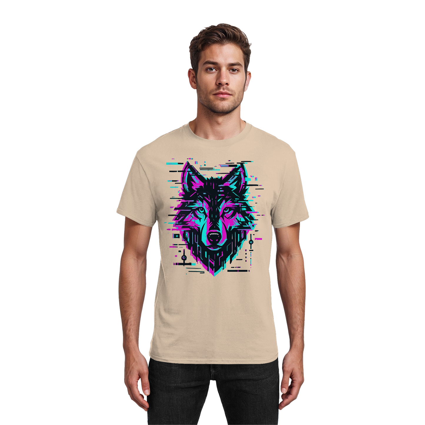 Tricou Heavy Cotton Gildan 5000 natural cu design lup hibrid geometric neon, purtat de model