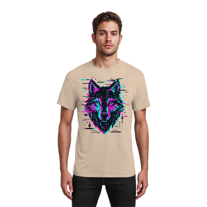 Tricou Heavy Cotton Gildan 5000 natural cu design lup hibrid geometric neon, purtat de model