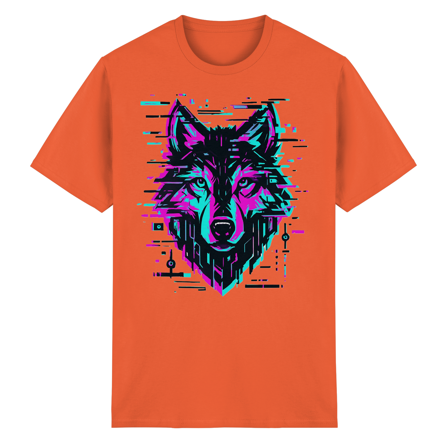 Tricou Heavy Cotton Gildan 5000 portocaliu cu design lup hibrid geometric neon, vedere frontală pe fundal alb