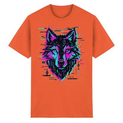 Tricou Heavy Cotton Gildan 5000 portocaliu cu design lup hibrid geometric neon, vedere frontală pe fundal alb