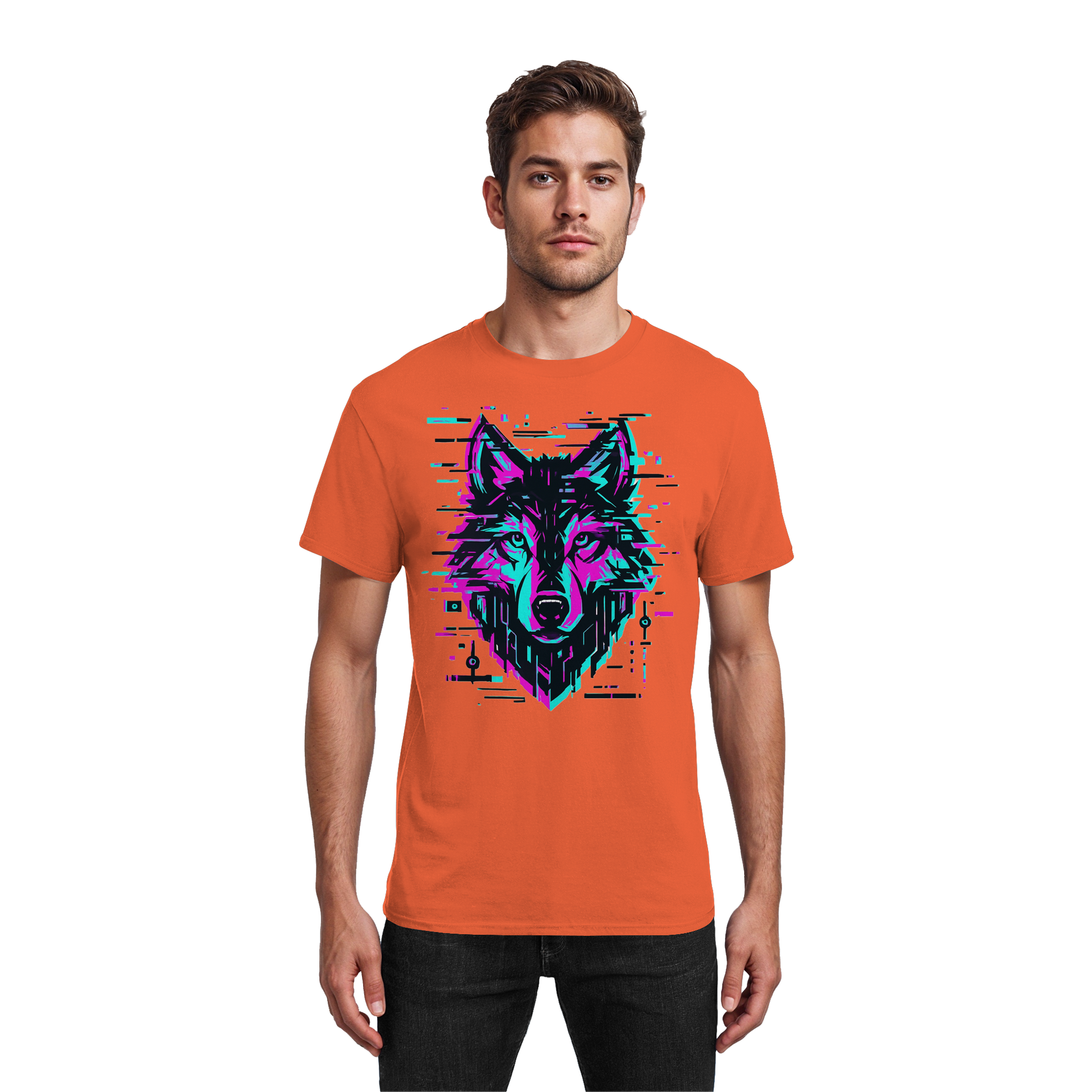 Tricou Heavy Cotton Gildan 5000 portocaliu cu design lup hibrid geometric neon, purtat de model