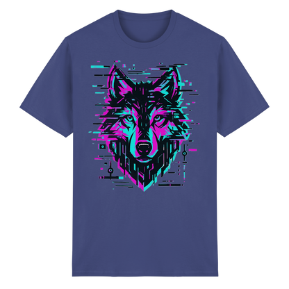 Tricou Heavy Cotton Gildan 5000 mov cu design lup hibrid geometric neon, vedere frontală pe fundal alb