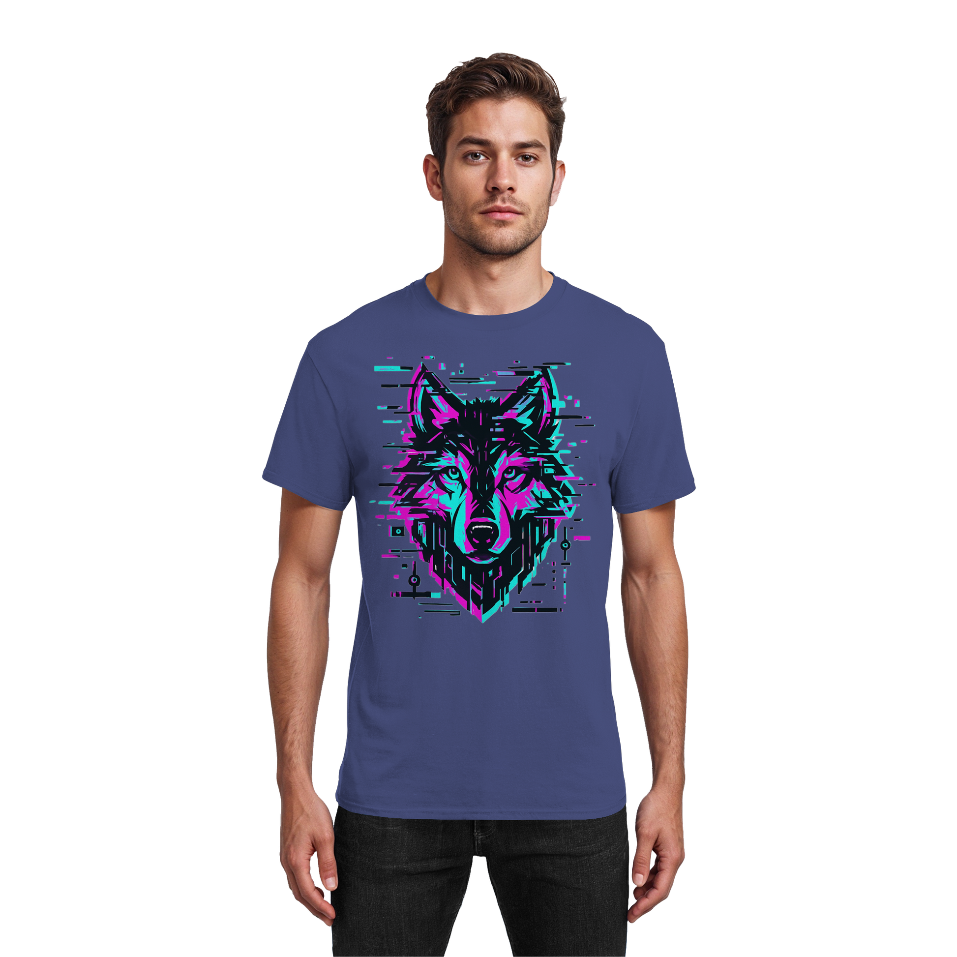 Tricou Heavy Cotton Gildan 5000 mov cu design lup hibrid geometric neon, purtat de model