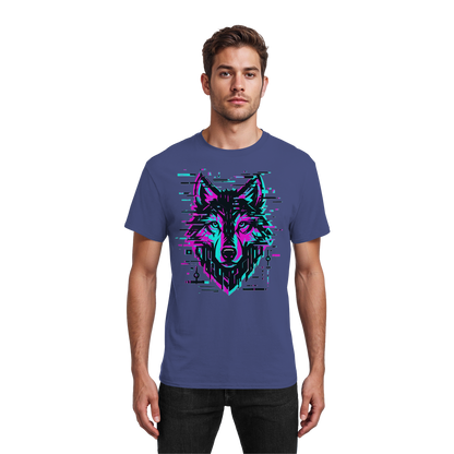 Tricou Heavy Cotton Gildan 5000 mov cu design lup hibrid geometric neon, purtat de model