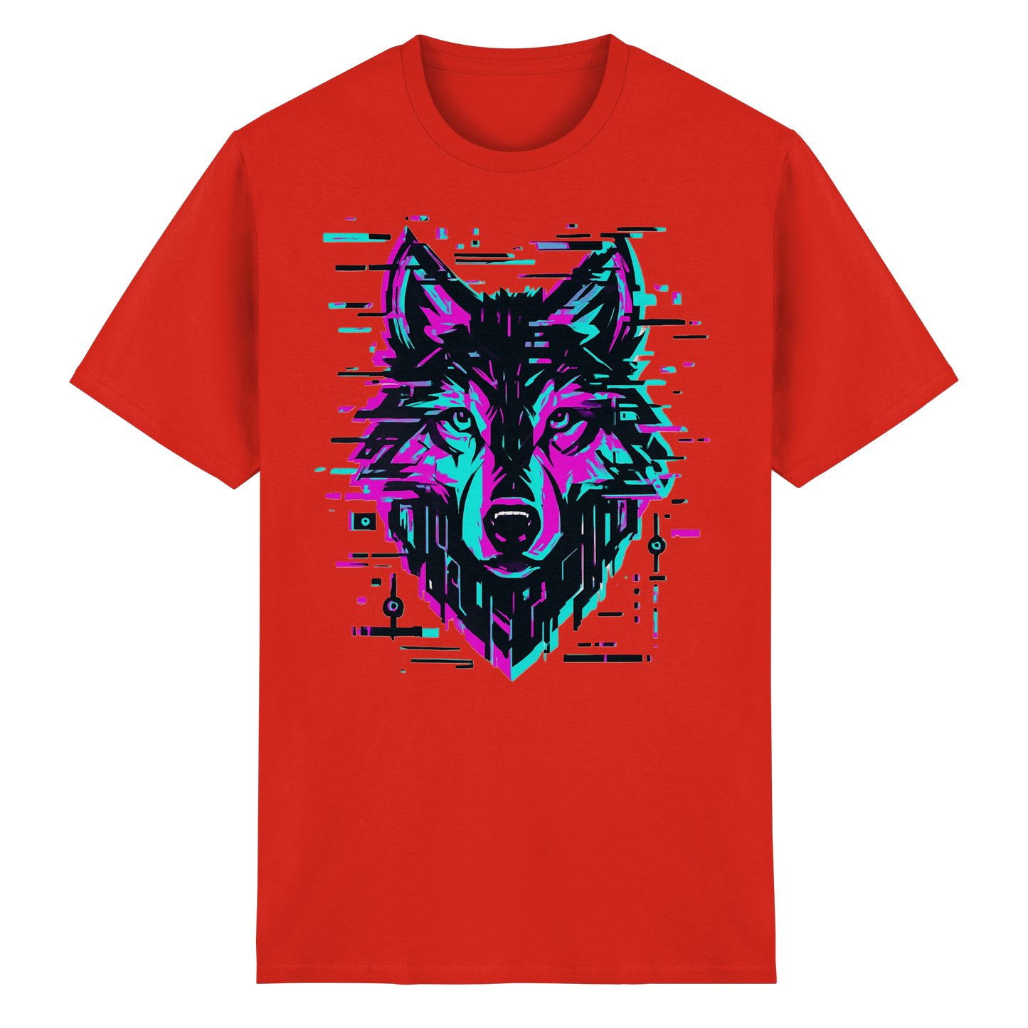 Tricou Heavy Cotton Gildan 5000 roșu cu design lup hibrid geometric neon, vedere frontală pe fundal alb