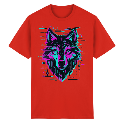 Tricou Heavy Cotton Gildan 5000 roșu cu design lup hibrid geometric neon, vedere frontală pe fundal alb