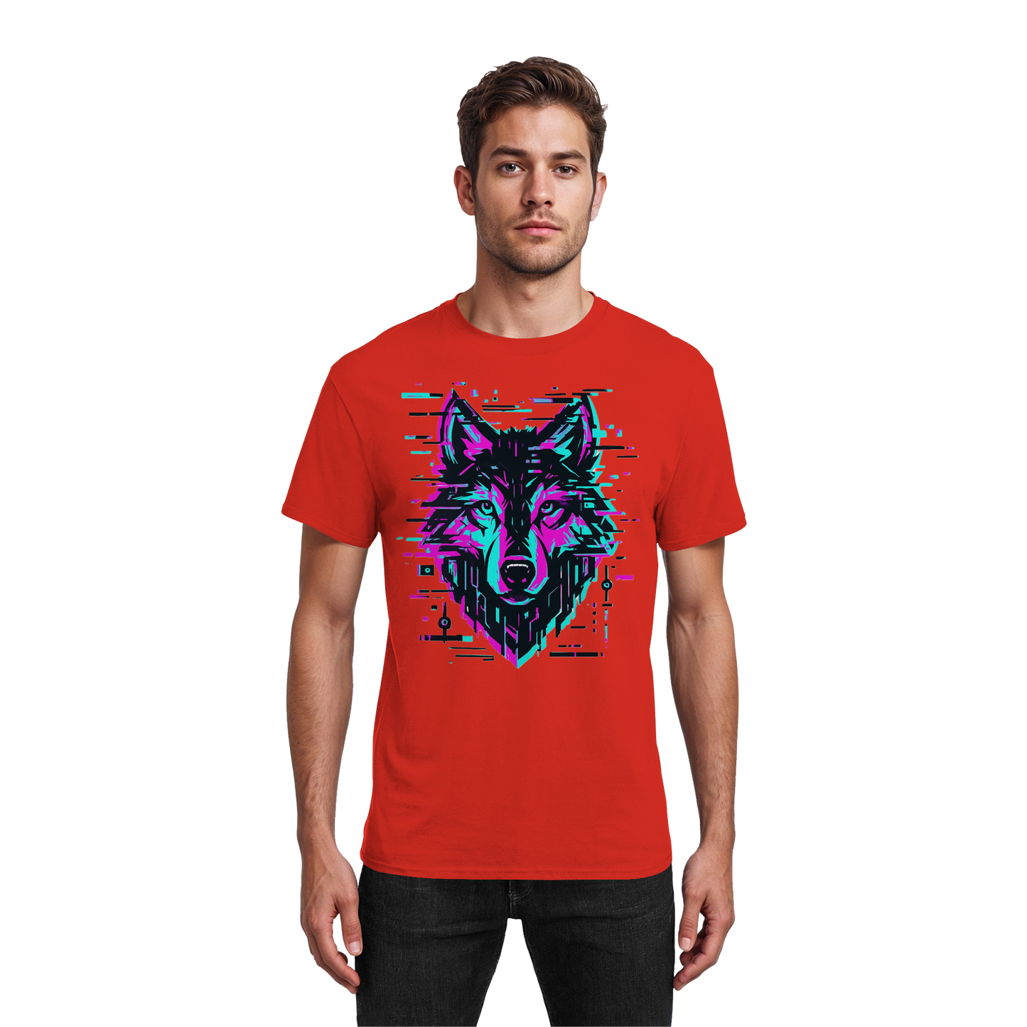 Tricou Heavy Cotton Gildan 5000 roșu cu design lup hibrid geometric neon, purtat de model