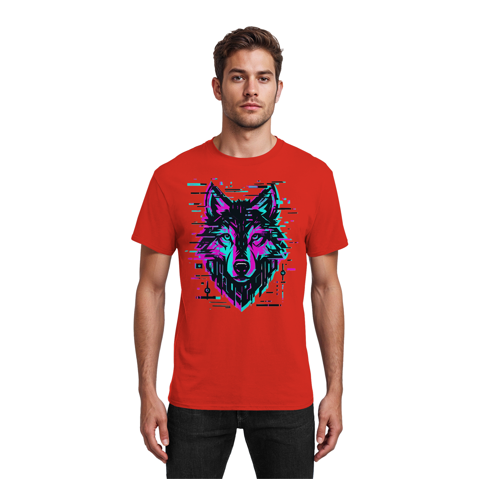 Tricou Heavy Cotton Gildan 5000 roșu cu design lup hibrid geometric neon, purtat de model