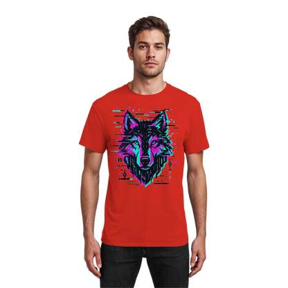 Tricou Heavy Cotton Gildan 5000 roșu cu design lup hibrid geometric neon, purtat de model