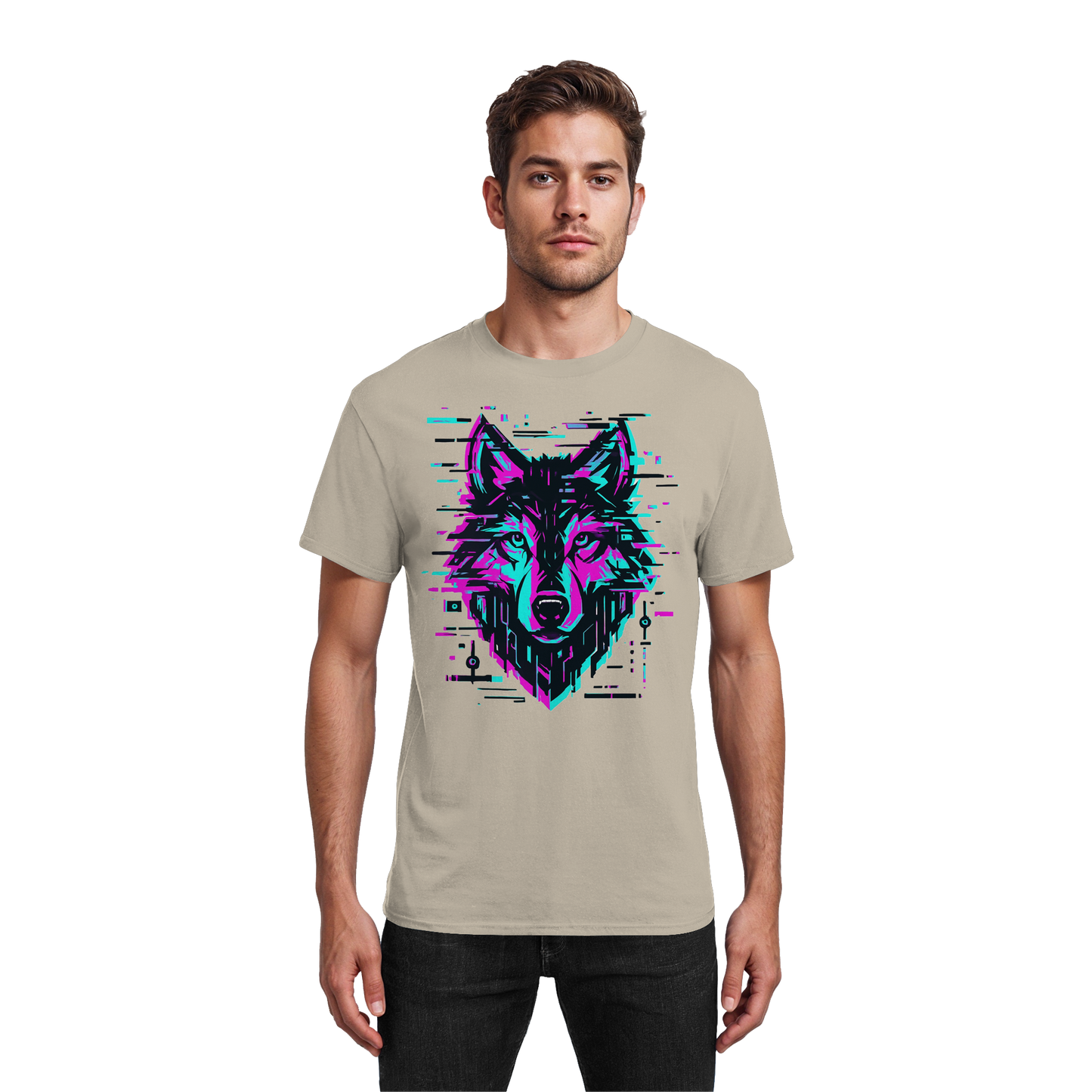 Tricou Heavy Cotton Gildan 5000 culoare sand cu design lup hibrid geometric neon, purtat de model
