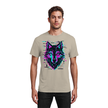 Tricou Heavy Cotton Gildan 5000 culoare sand cu design lup hibrid geometric neon, purtat de model