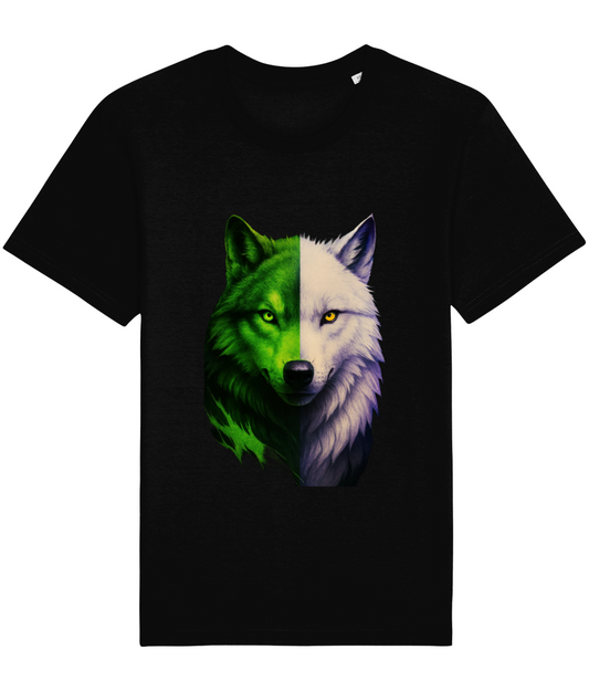 Tricou tubular unisex negru Rocker-Wolf din bumbac organic 100% cu design lup hibrid