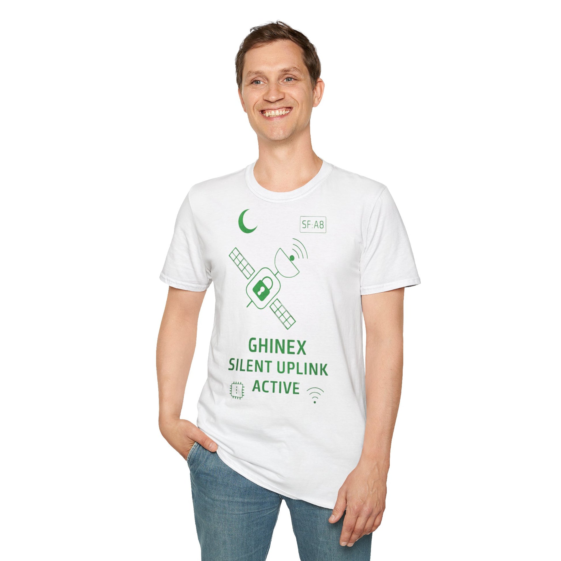 Tricou unisex Active Link din bumbac 100%, design satelit, culoare albă
