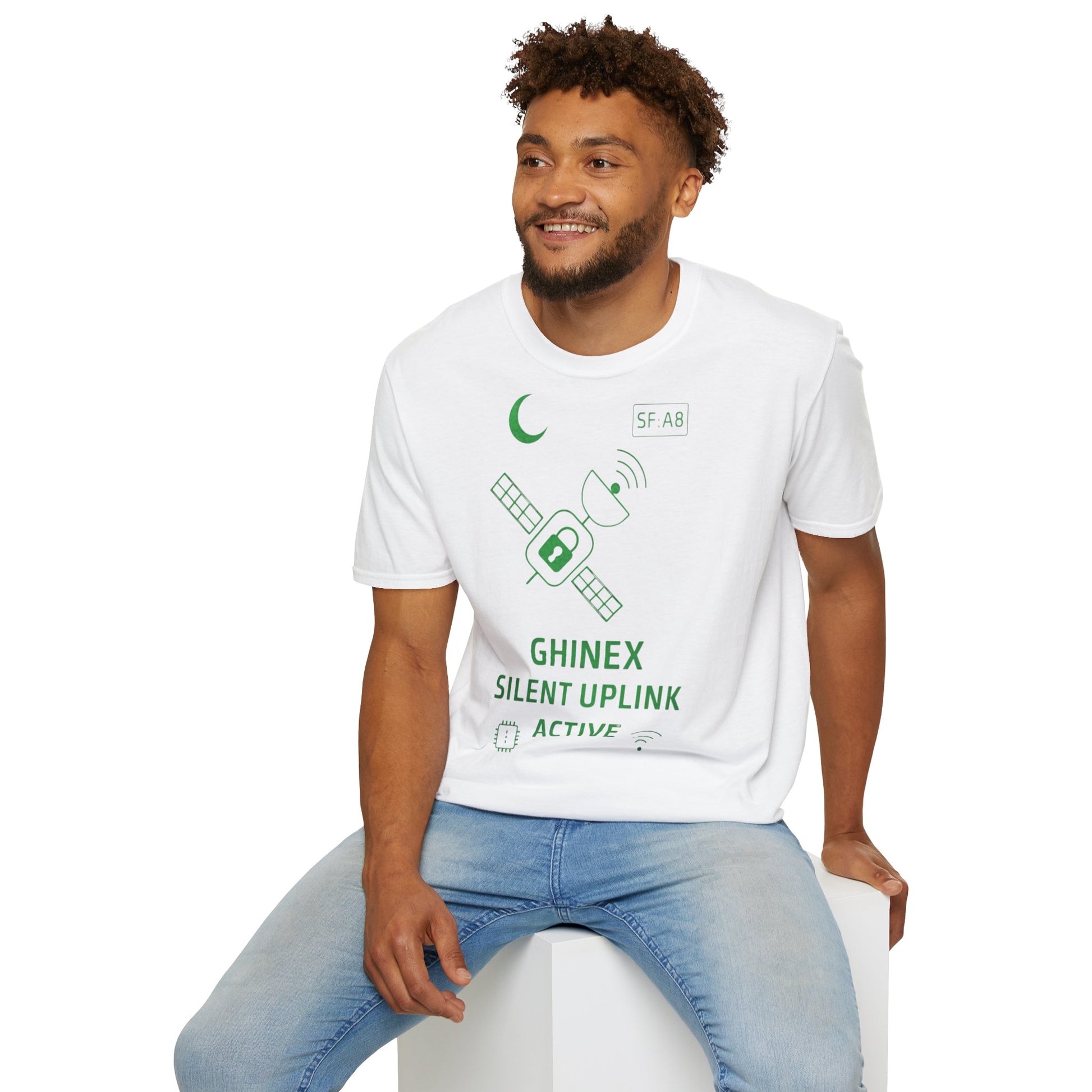 Tricou unisex Active Link din bumbac 100%, design satelit, culoare albă

