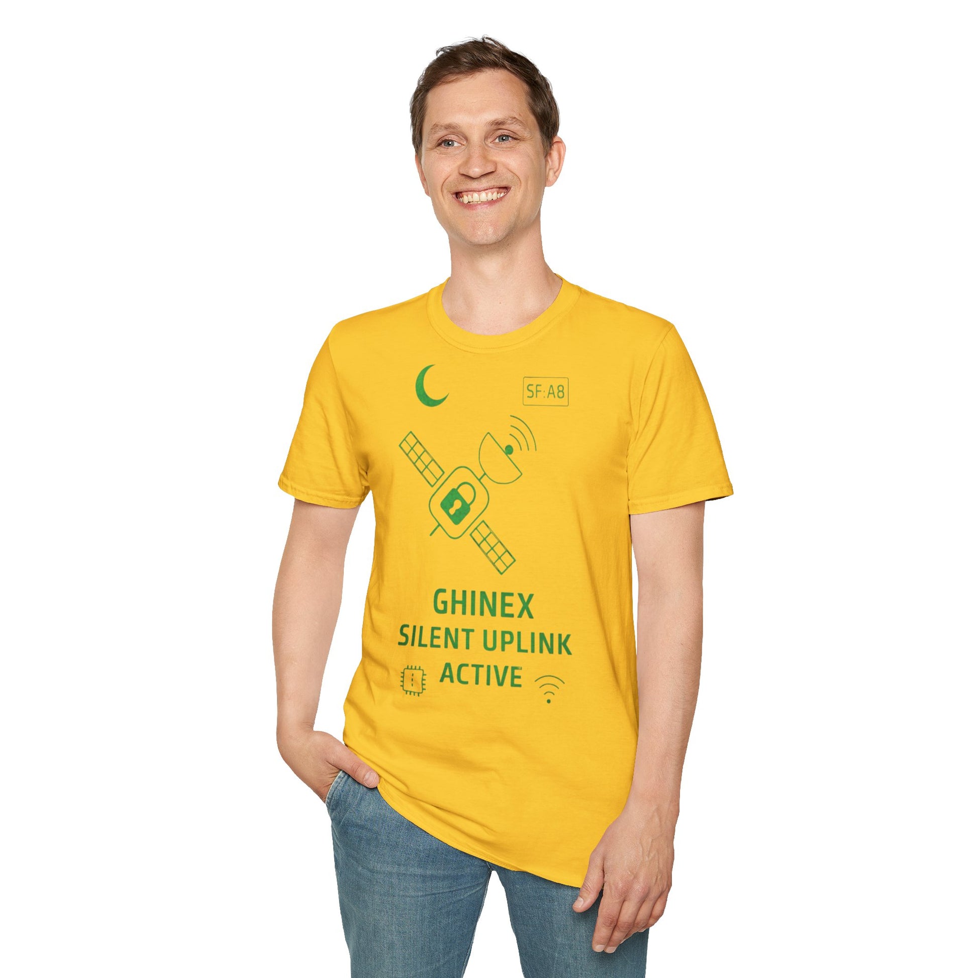 Tricou unisex Active Link din bumbac 100%, design satelit, culoare daisy