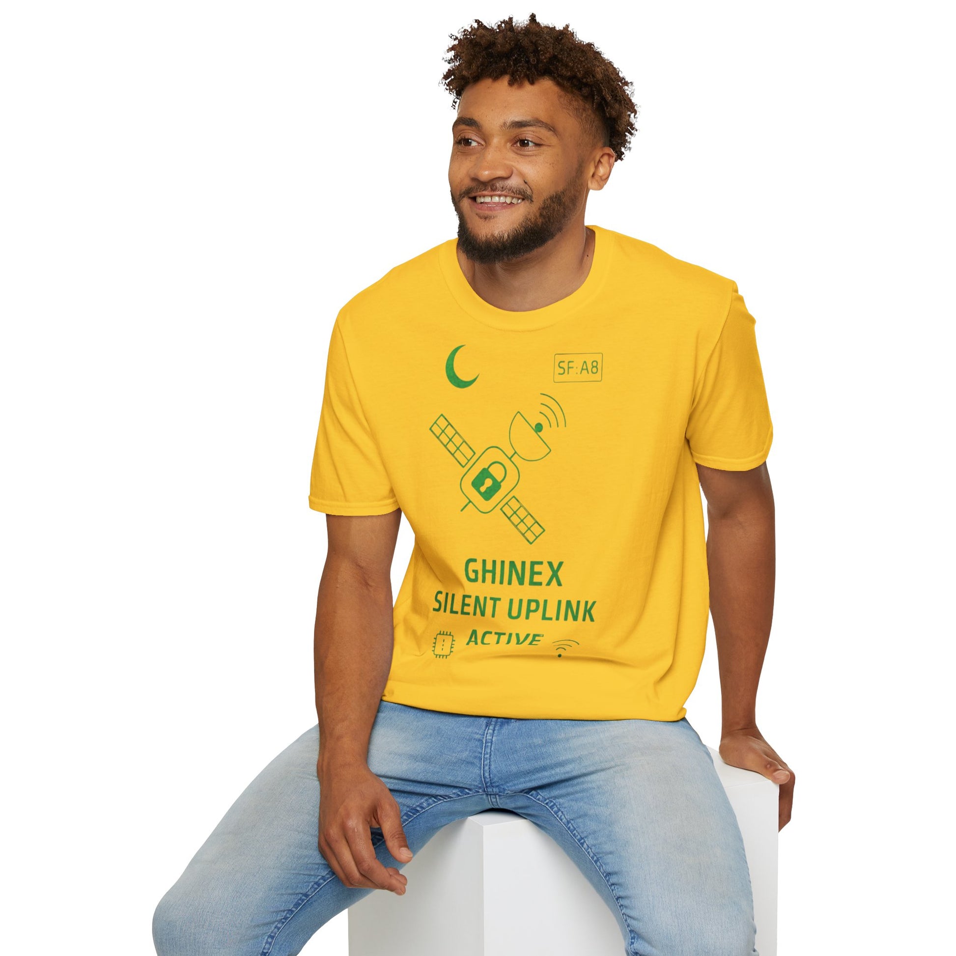 Tricou unisex Active Link din bumbac 100%, design satelit, culoare daisy