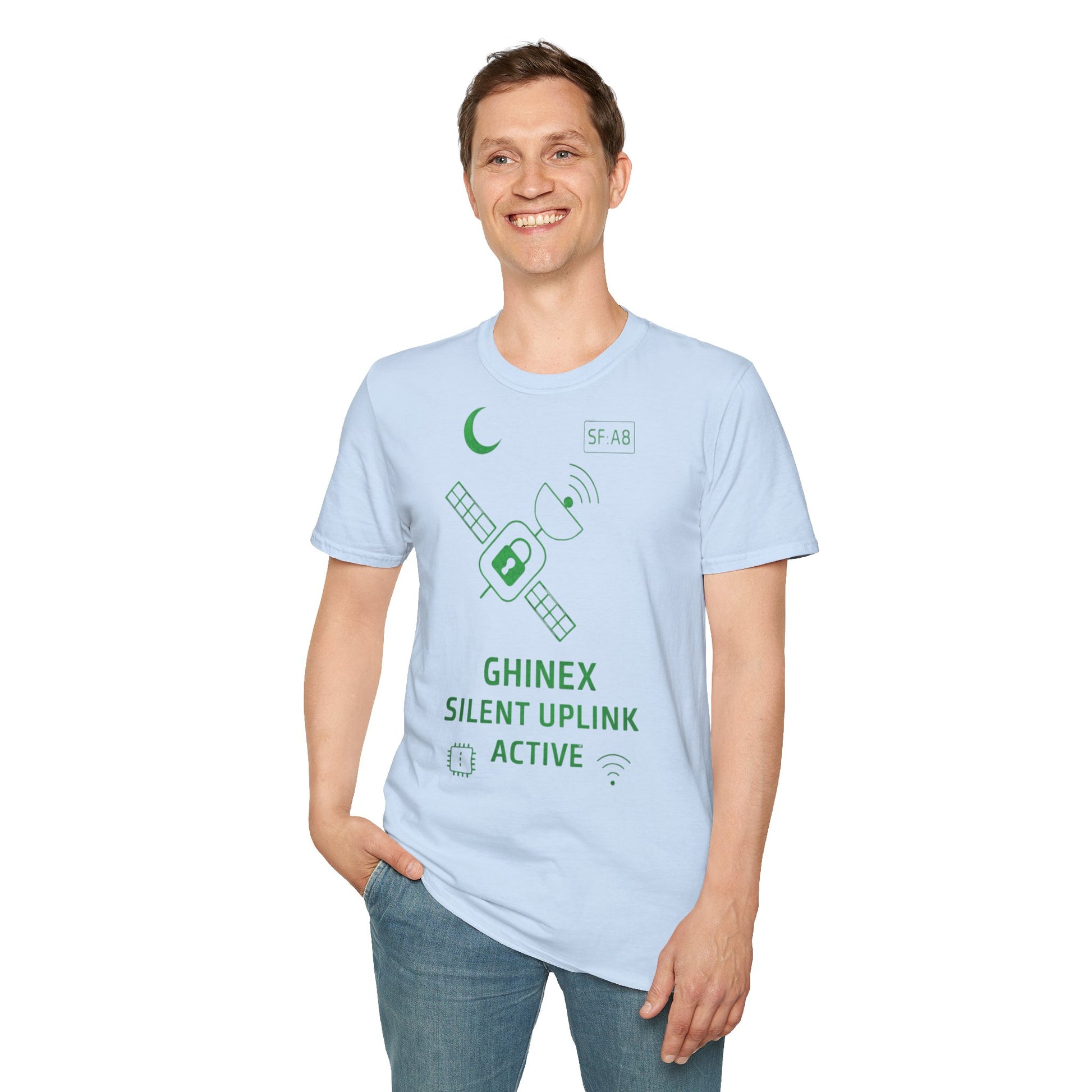 Tricou unisex Active Link din bumbac 100%, design satelit, culoare light blue